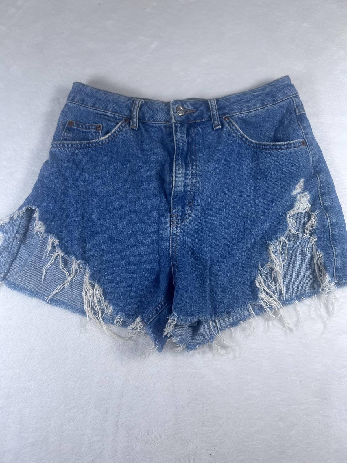Topshop Denim Shorts Womens 8 Blue High Rise Distressed Cutoff Frayed Hem Summer