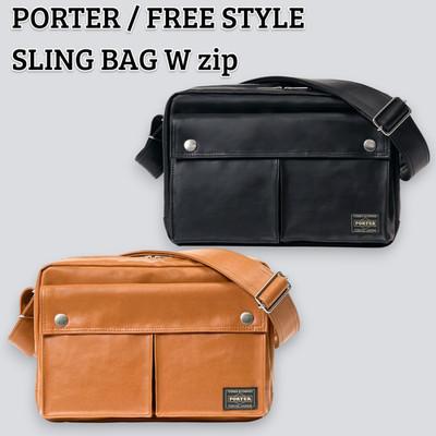 希少美品PORTER FREE STYLE SLING SHOULDER BAG PORTER FREE STYLE SLING BAG W zip Black Camel 707-15165 Unisex