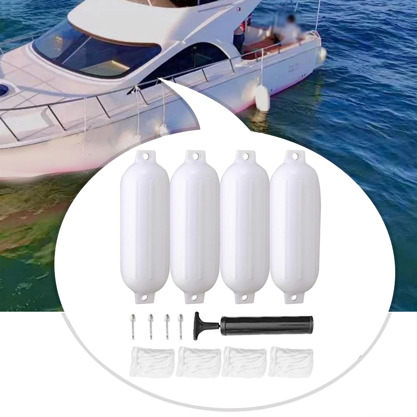 4PCS Boat Fender10x30'' Marine Inflatable Buoys Vinyl Ribbed Dock Bumper White