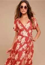 NWT Lulus Heart of Marigold Floral Print Wrap Maxi Dress Size M Womans Rust Red