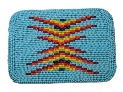 Native American Beaded Belt Buckle 3'' x 4.25'' Multicolor on Light Blue Base