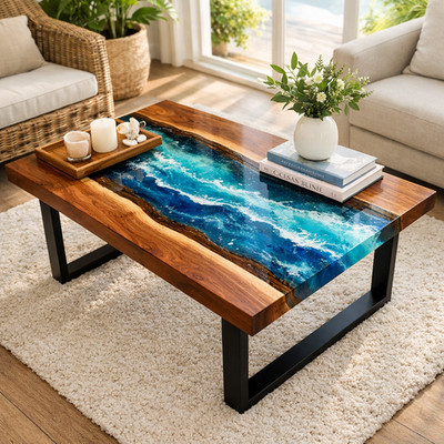 Handmade Olive Wood Blue Epoxy River Table Top Live Edge Ocean Resin Decor