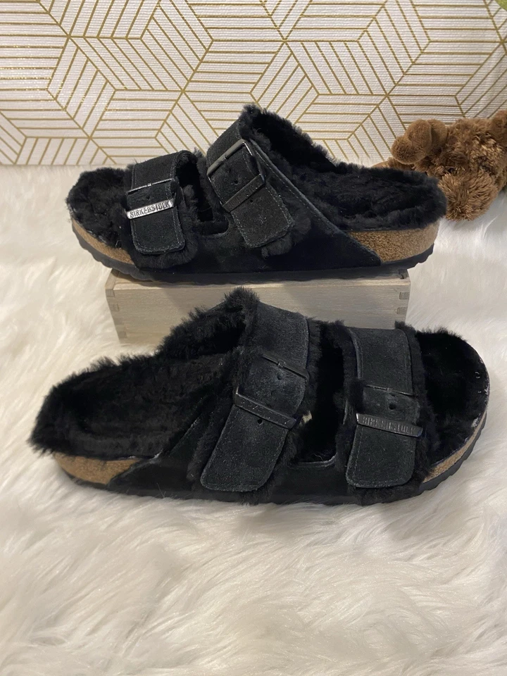 Birkenstock Arizona Black Shearling & Suede Leather Sandals EU 39 US 8 / 8.5 - Image 3 of 4