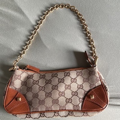 Vintage Gucci GG Monogram nailhead Pochette Zip Closure Gold Chain Strap