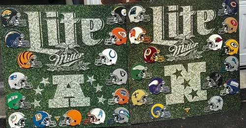 Pair Of Miller Lite Metal Beer Signs Vintage NFC & AFC Helmets NFL