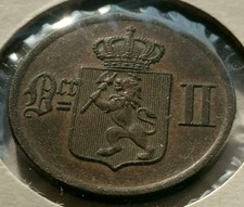 1876 Norway 2 Ore Coin Oscar II Bronze Coin - AU