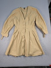 Zara Mini Dress Womens Small Beige 3/4 Sleeve V Neck Pleated Button Front