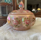 Fenton Charleton  Powder Box, Beaded Melon Pink Iridized Roses, Signed 2002