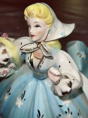 VINTAGE 7” ESD CERAMIC LADY BLUE DRESS HOLDING BASKET OF FLOWERS