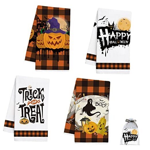 Halloween Kitchen Towels, Trick or Treat Pumkin Dish Towels, Hand Towels for 