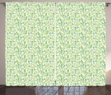 Green and White Curtains Watercolor Leaves