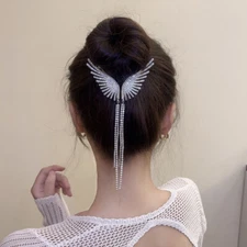 Angel Wing Tassel Hair Claw Long Fringe Pearl Rhinestone Ponytail Buckle Hairpin