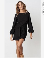 PRETTYGARDEN Size XL Women PUFF Long Sleeve Short Dress Crewneck Tie Waist BLACK