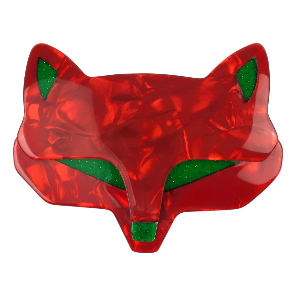Broche LEA STEIN Cabeza de Lobo de Zorro en Acetato Rojo y Verde Mármol París Francia Foto 2 de 4