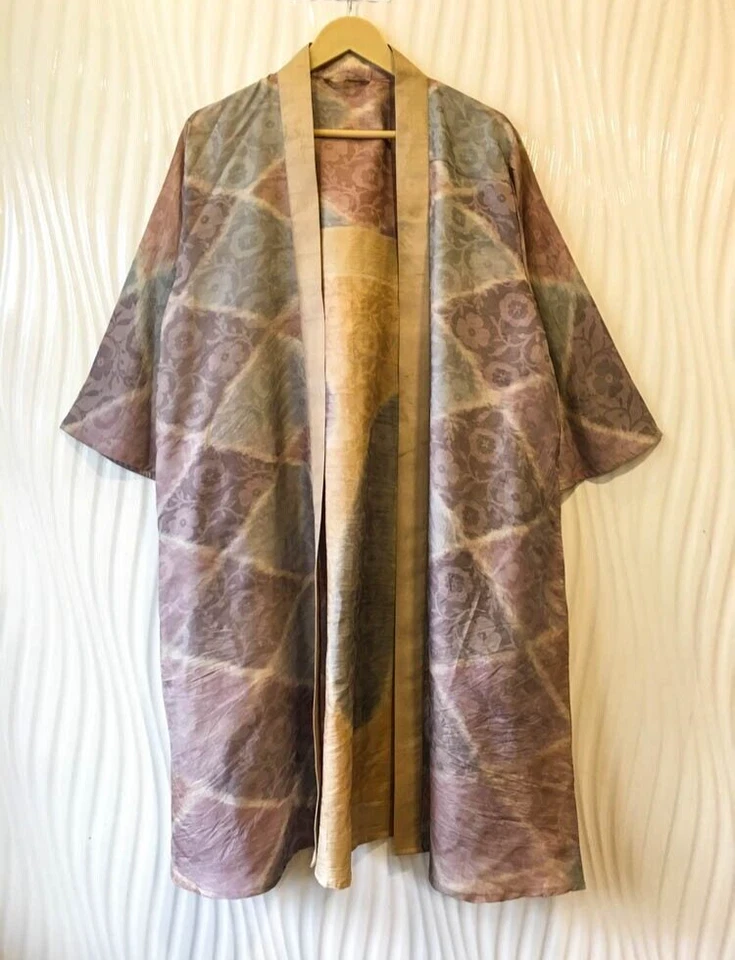 Vestido midi kimono de seda pura hasta la rodilla beige MKMO1869 Foto 2 de 4