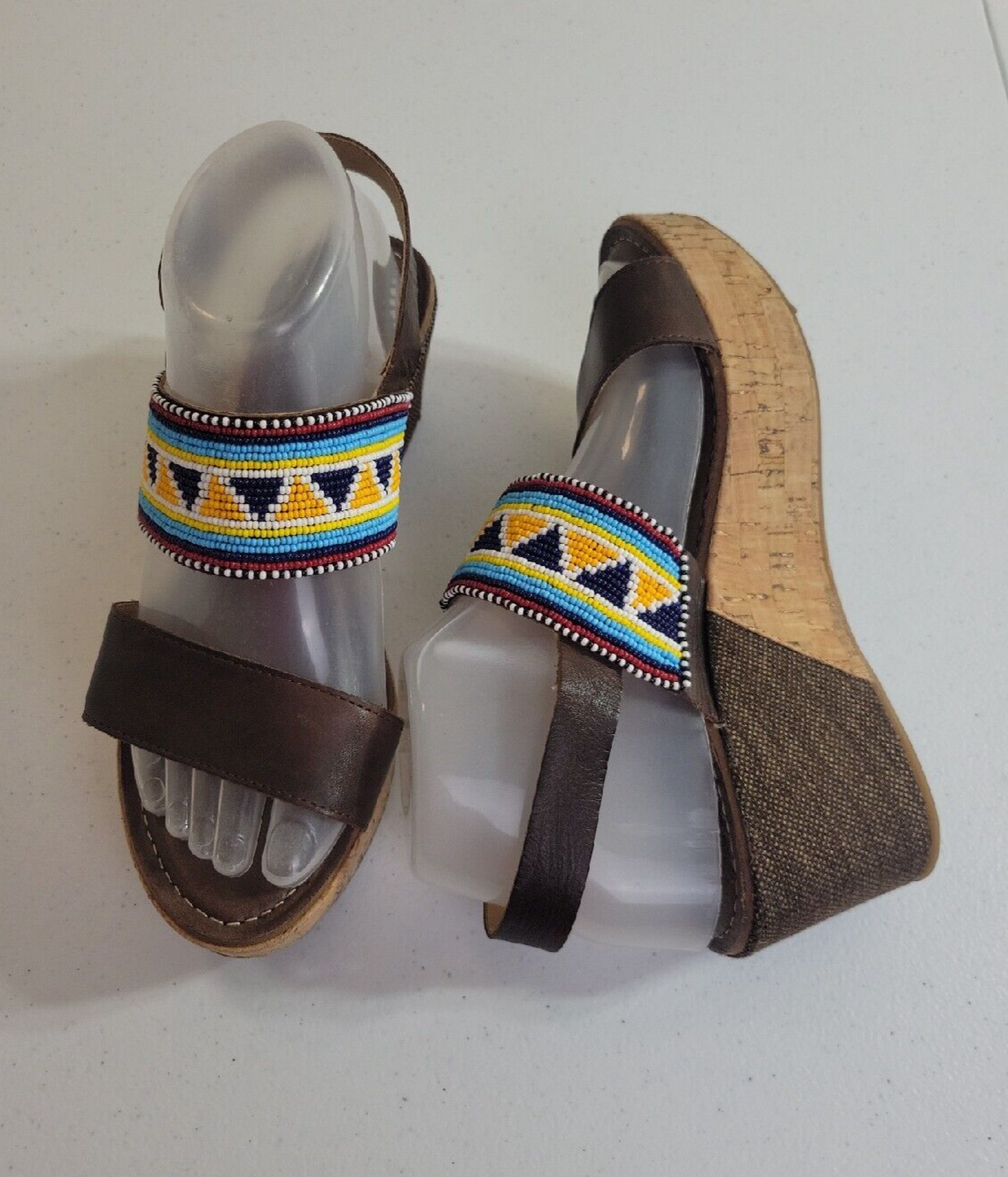 Pikolinos Maasai Brown Leather Beaded Slingback Wedge Sandals Women's Sz 8 - 8.5