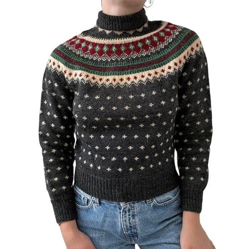 Vintage 1950s Womens Hand Knit 100% Wool Norwegian Fair Isle Sweater XS - Picture 2 of 8