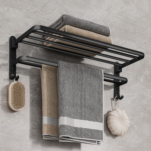 Wall Mounted Towel Rack-Matte Black 50CM Folding Aluminum Holder Hook Double Bar - Picture 12 of 12