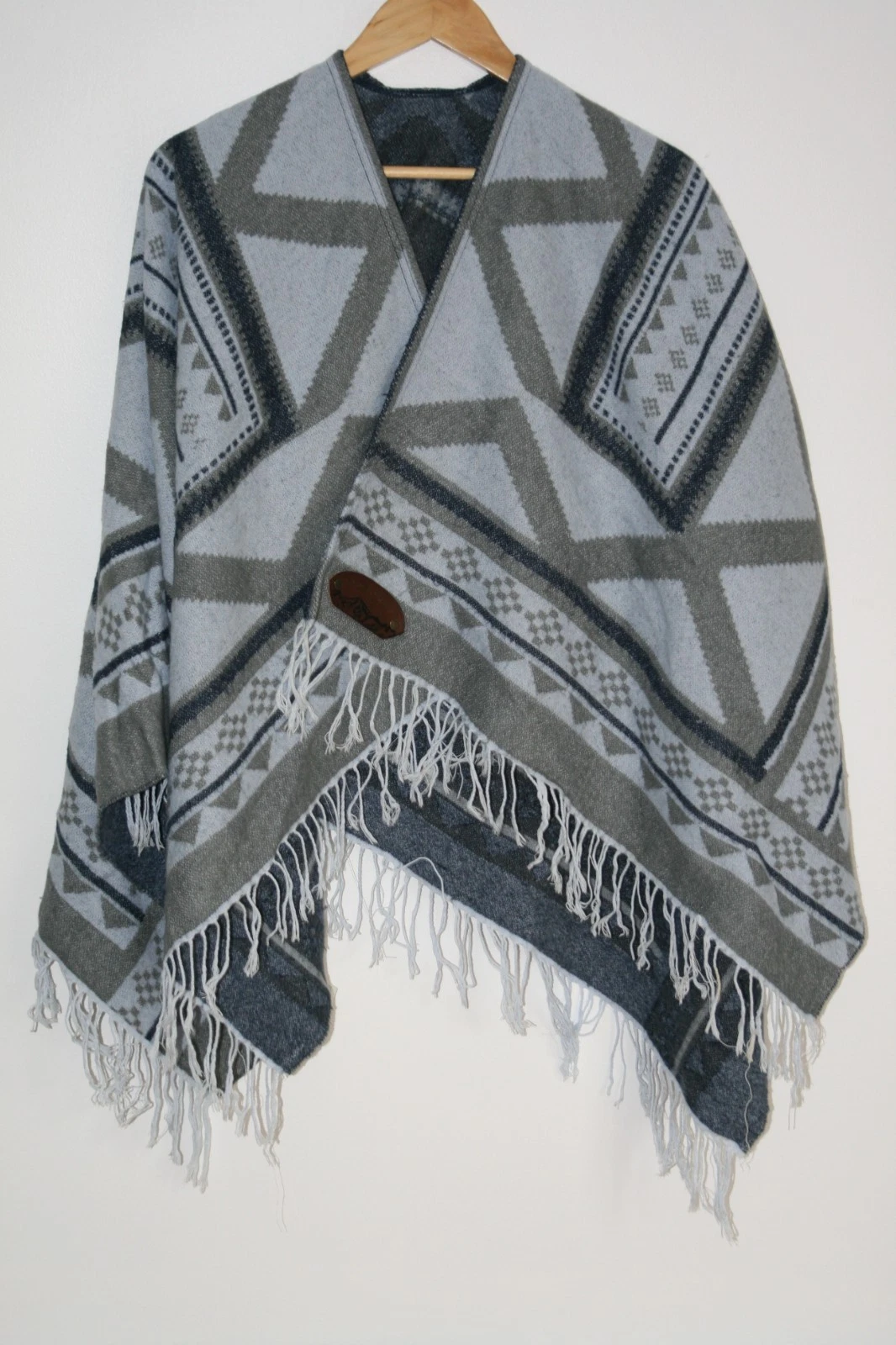 Superdry Blue Kaya Shawl Boho Cape Knit Blanket Poncho Fringe Southwest Aztec