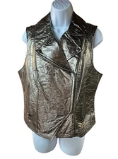 Vintage Cache 100% Leather Metallic Moto Vest Bronze Zip Biker Y2K Sz M