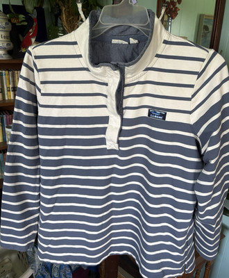 L.L. Bean Blue White Striped Mock Neck Button Pullover Sweater 1X Cotton Women