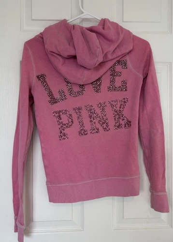 UNDERCOVER Felpa con cappuccio zip Y2K 2011 Victorias Secret LOVE ROSA strass leopardato rosa taglia XS