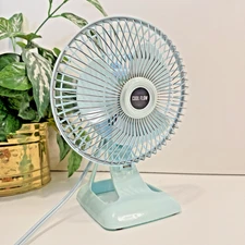 Vintage Cool Flow Small 12” High Aqua Blue Desk Fan Two Speed Adjustable