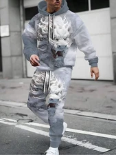 Men's Plus Hoodie and Sweatpants Set - Black with White Pattern Design