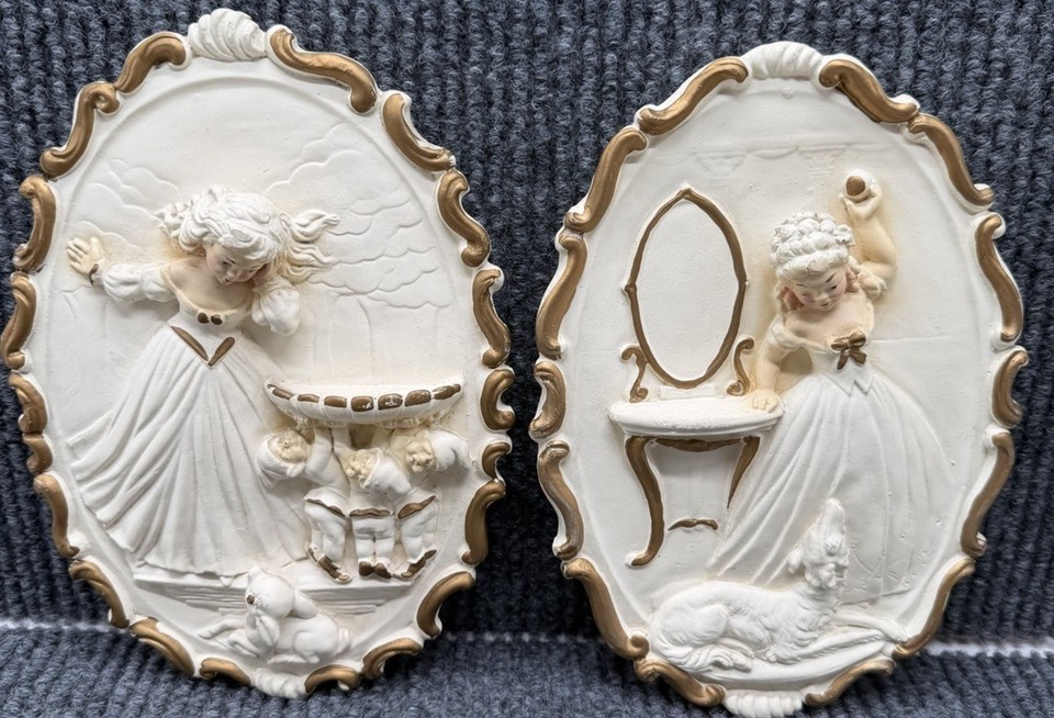 Hollywood Regency 3D chalkware vanity plaques — campy, glamorous, and the kind of thing you'd find in a Golden Age starlet's dressing room.