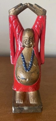 Vintage Hands Up Buddha Figurine Paperweight Painted Metal  5.5  X 2  Korea 1967