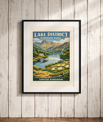 Lake District National Park UK Travel Poster, Vintage England Landscape Wall Art