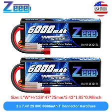 2x Zeee 2S Lipo Battery 6000mAh 80C 7.4V T Plug Hardcase for RC Car Truck Boat