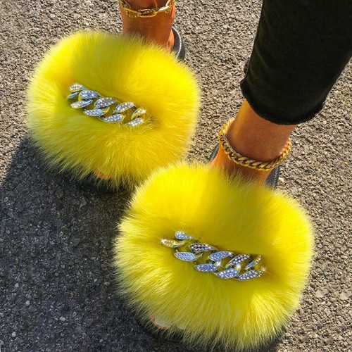 yellow fluffy sandals