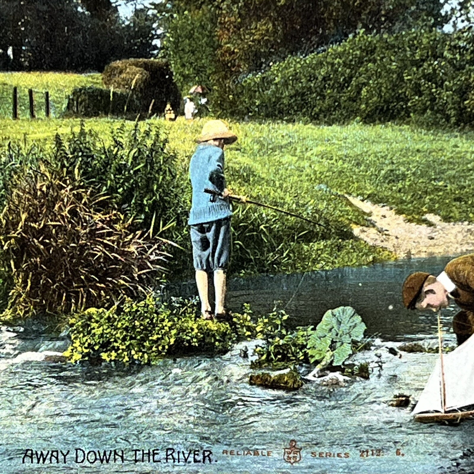 Vintage Reliable Series Postcard WR&S Down the River Boys Fishing Play