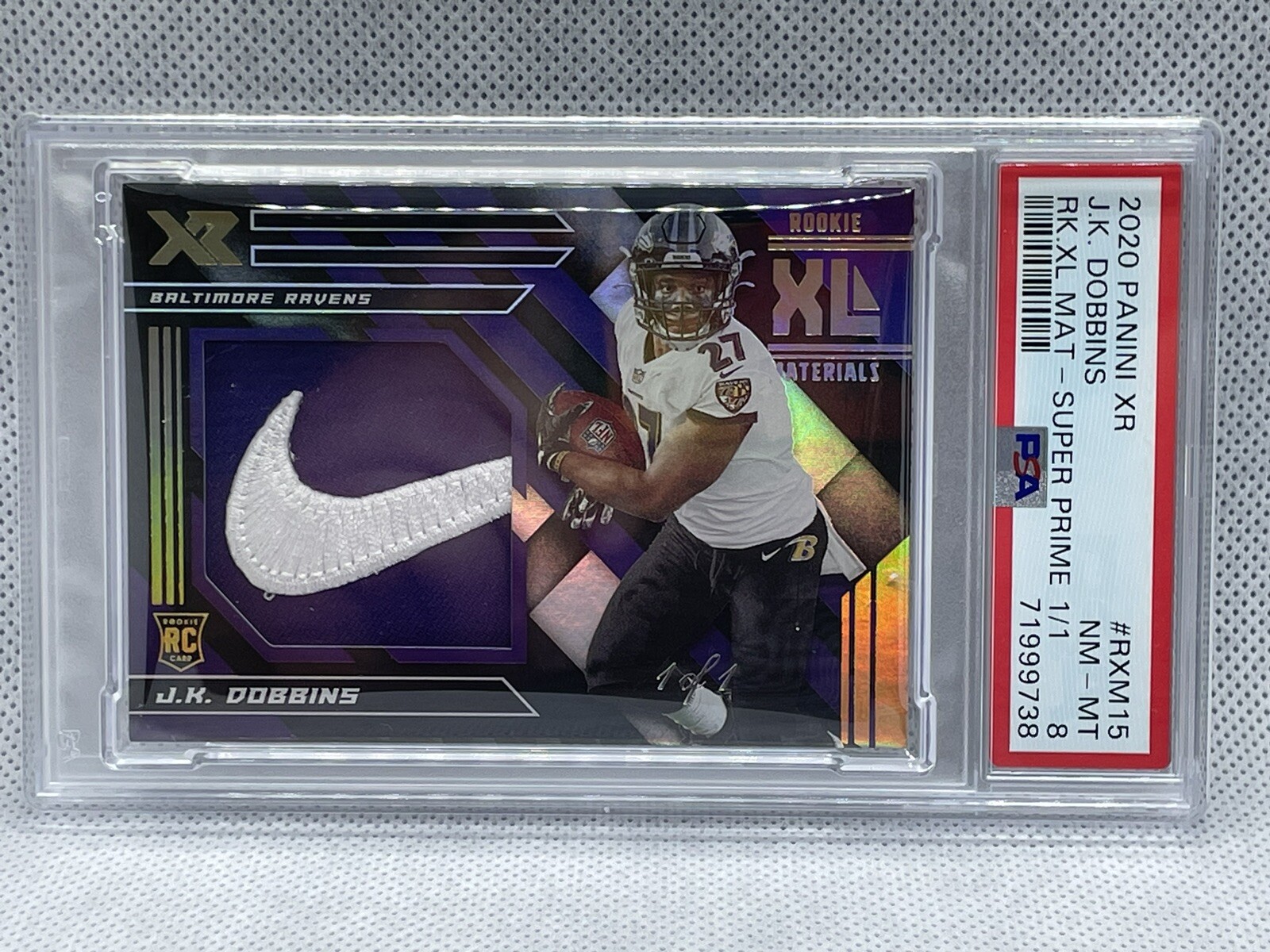 JK Dobbins Panini XR Rookie XL Materials #RXM15 Super Prime 1/1
