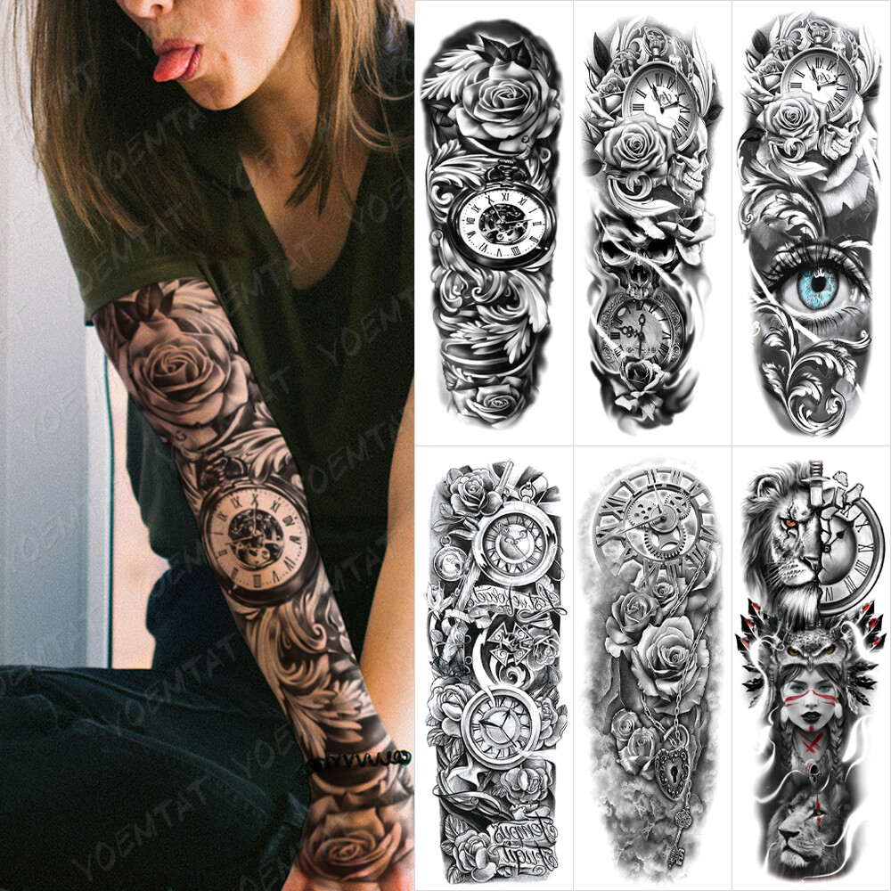 6pcs Large Arm Waterproof Temporary Tattoo Sticker Women Men Clock Rose Eye Lion Ebay