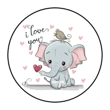 30 I LOVE YOU STICKERS ENVELOPE SEALS LABELS 1.5" ROUND CUTE ELEPHANT AND BIRD