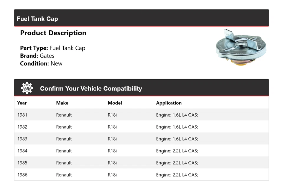 Tapa del tanque de combustible para Renault R18i 1981-1986 puertas 1982 1983 1984 1985 Foto 2 de 4