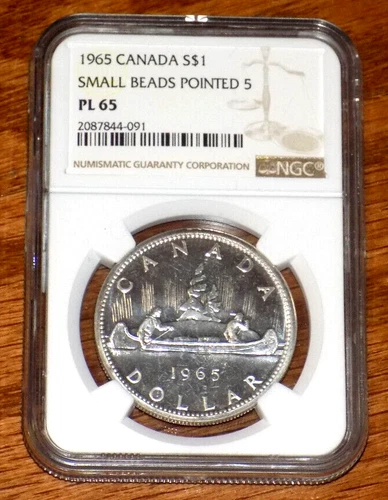 1965 $1 Proof Like Small Beads Pointed 5 Canada Silver Dollar NGC PL 65 Coin