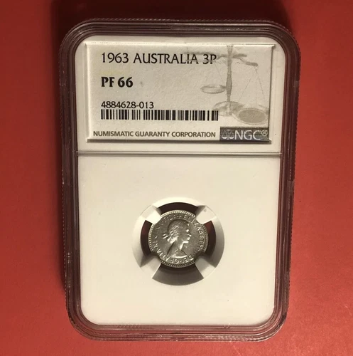1963-AUSTRALIA- 3 PENCE SILVER PROOF COIN,GRADED BY  NGC -PF 66...LOW MINTAGE.
