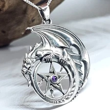 Dragon Pentacle Amethyst Pendant Necklace 925 Sterling Silver 18" Chain & Boxed
