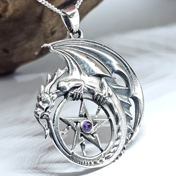 Drachen Pentakel Amethyst AnhäNger Halskette 925 Sterlingsilber 18 Zoll Kette...-image