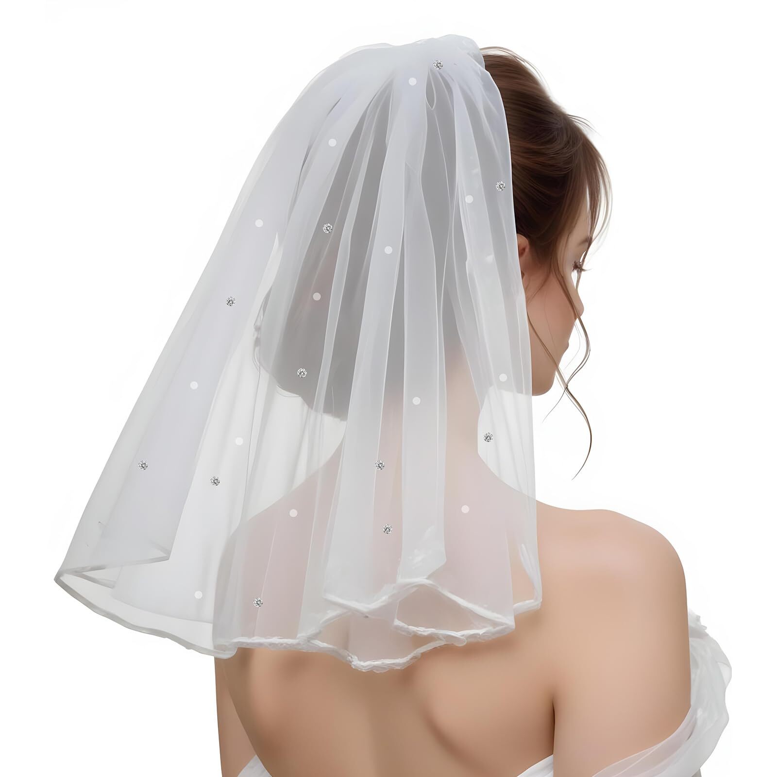 Short Bridal Veil, Women's Short Vails with Rhinestone White Short Wedding Ve...