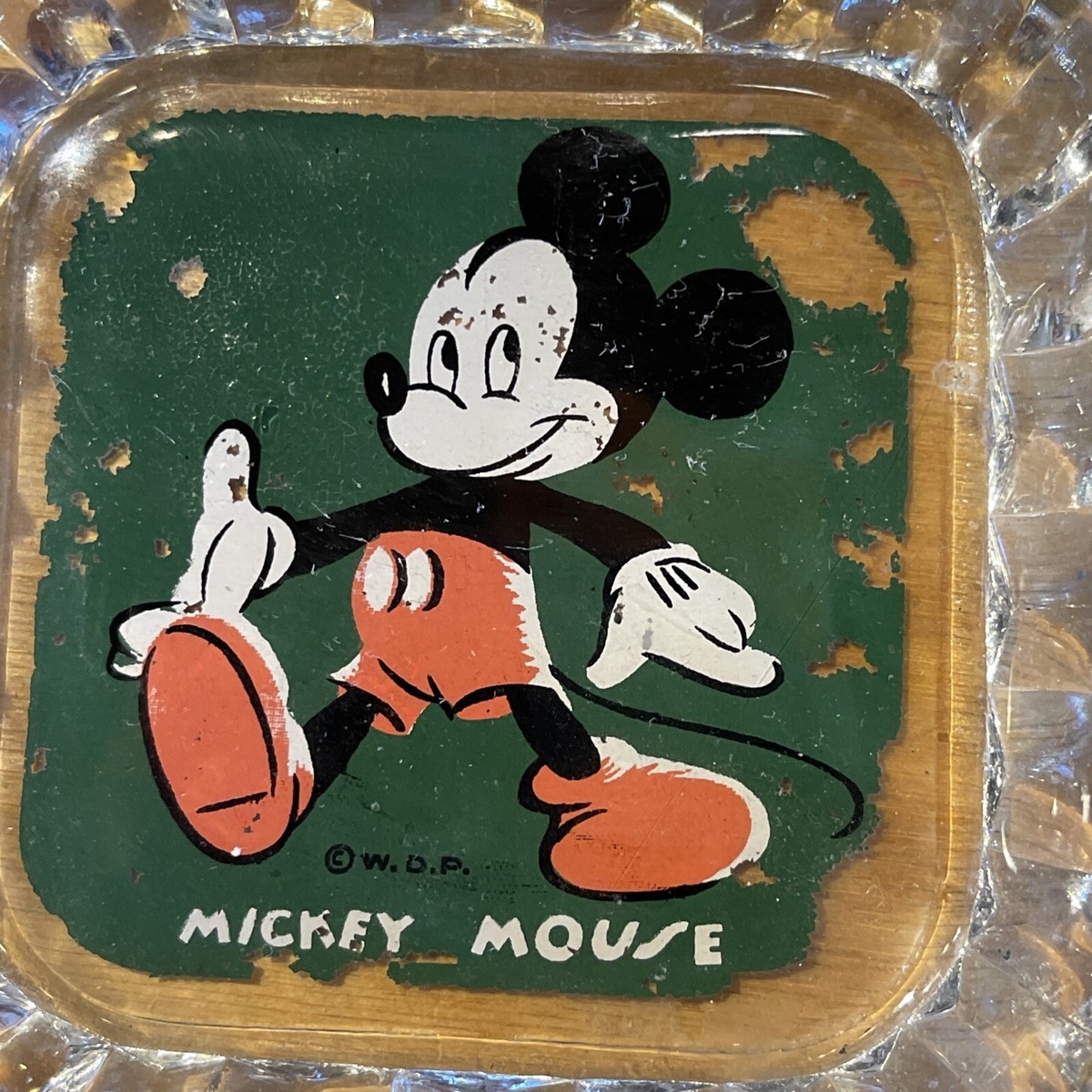 1930's MICKEY MOUSE GLASS PAINTED ASHTRAY WDP COPYRIGHT WALT