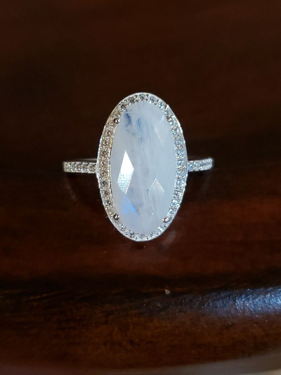 Oval Rainbow Moonstone Ring with Cubic Zirconia Halo Sterling Silver Oval Rainbow Moonstone Ring with Cubic Zirconia Halo Sterling Silver