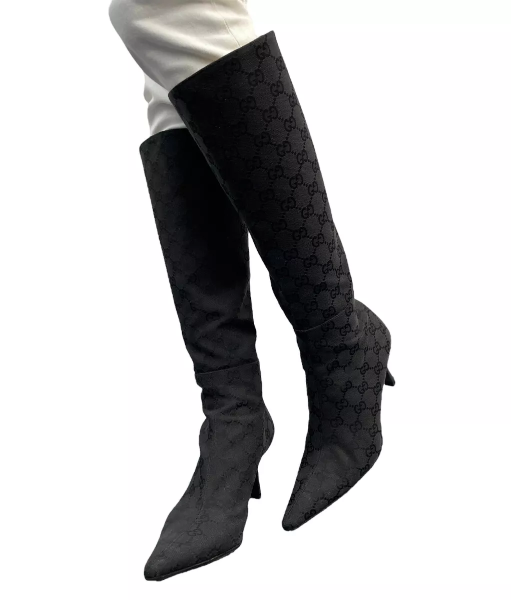 GUCCI Vintage GG Monogram Logo Long Boots 37 US 7 Zip Black Canvas Rank AB