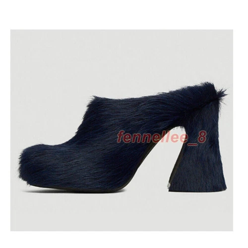 Zapatos de mula de crin de caballo con plataforma de tacón alto grueso talla grande para mujer - Imagen 19 de 31