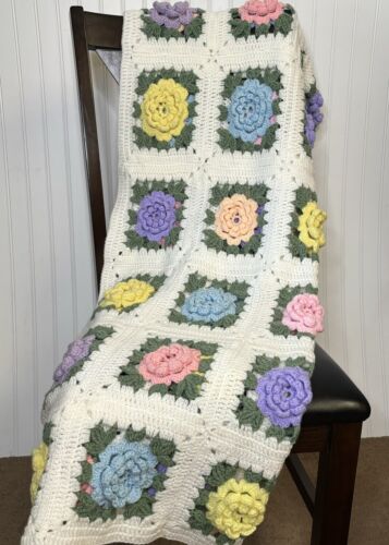 Vintage Afghan Crocheted Blanket Throw 3D Roses Farmhouse Boho Cottage Core - Picture 2 of 10