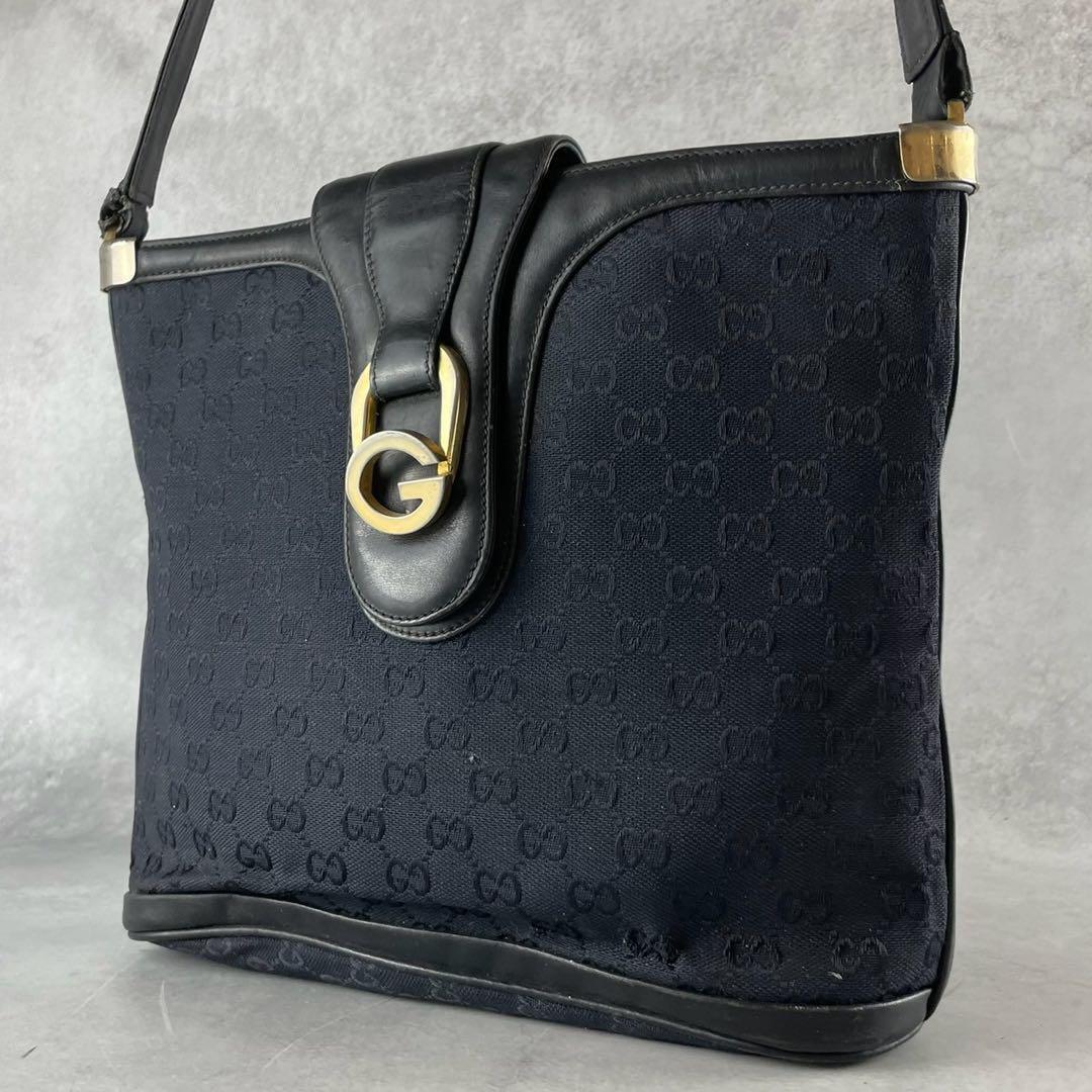 Vintage GUCCI GG Logo Shoulder Bag in Black Canvas with Leather Trim & Gold Hardware Japan