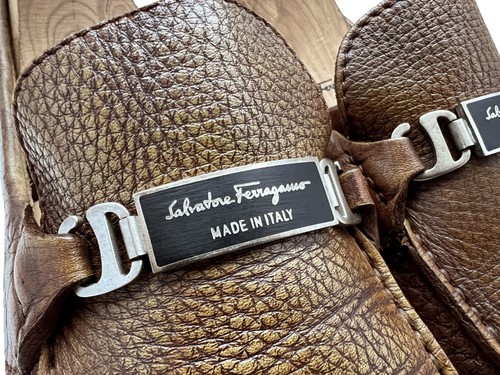 $795 Salvatore Ferragamo SEGNO Brown Shoes Silver & Black Bit Driver Loafers 8 D - 第 1/9 張圖片
